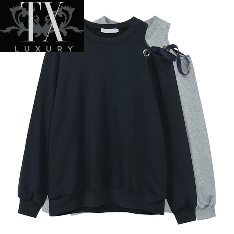 

Fashion Woman Sweatshirts Korean O-neck Knitted Pullovers Thick Autumn Winter Loose Hoodies female Clothing Off-Shoulder