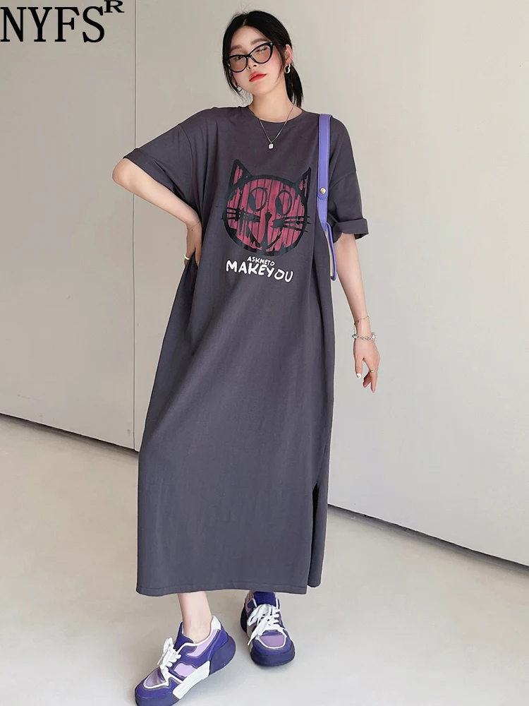

Женское длинное платье с принтом NYFS, свободное платье в Корейском стиле с котятами и коротким рукавом, лето 2023