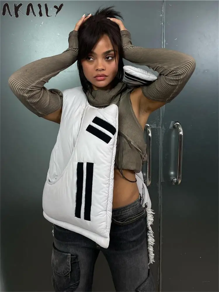 

Akaily Fall Asymmetrical Puffer Vest Jackets For Women Fashion 2022 O Neck Sleeveless Patchwork Vest Ladies Casual Winter Coats