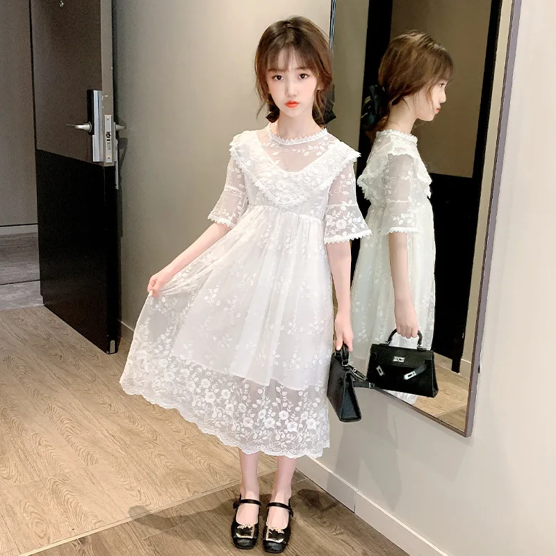 

Kids Dresses Teenage Ruffles Neck Floral Embroidery White Flare Sleeve Lace mesh Princess Long Dress For Girls 4 6 8 10 12 Years