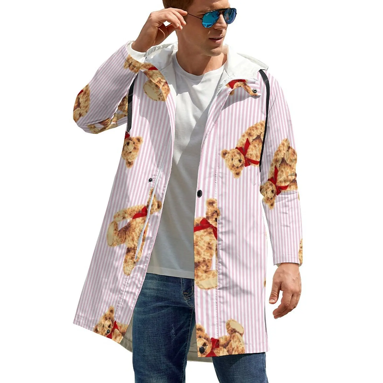 

Рисунок с милым медведем, повседневные пальто для мужчин, розовые полосатые длинные прямые зимние куртки, эстетичные, на заказ, водонепрони...