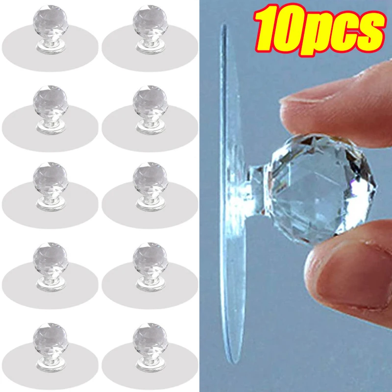 

10pcs Punch-free Crystal Drawer Handle Self-Adhesive Acrylic Transparent Cabinet Wardrobe Furniture Pulls Handles Hanger Hooks