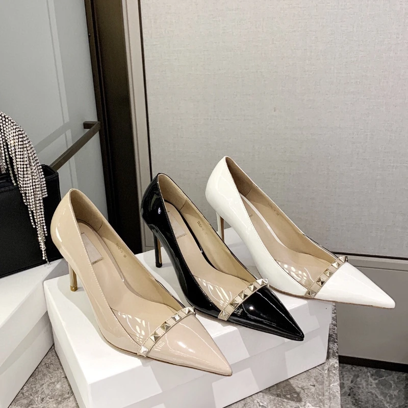 

Европейский и американский стиль, новинка 2023, остроносые женские туфли на высоком каблуке, туфли с мелкими заклепками, божьи коровки на тонком каблуке