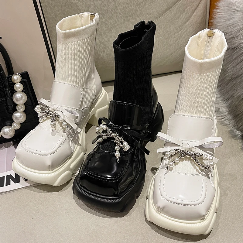 

Ankle Stretch Sock Boots For Women 2022 Autumn Butterfly-Knot Ladies Female Shoes Fashion Round Toe Rubber Platform Short Bootie