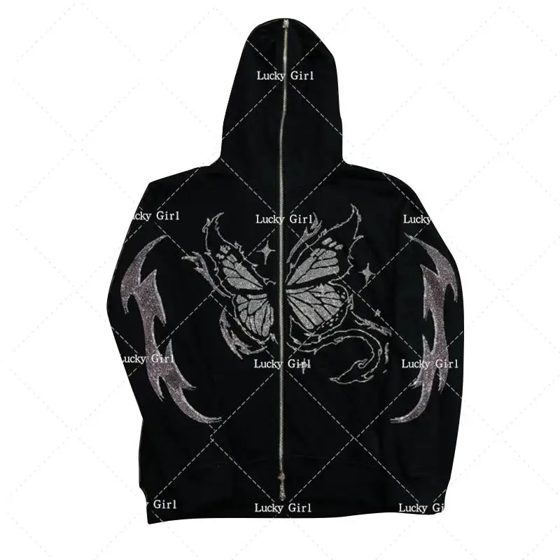 

Rhinestone Zip-Up Jacket Y2K Gothic Clothes Punk Aesthetic Hoodie Sweatshirt Hot Diamond Cardigan Fall/Winter Retro Streetwear