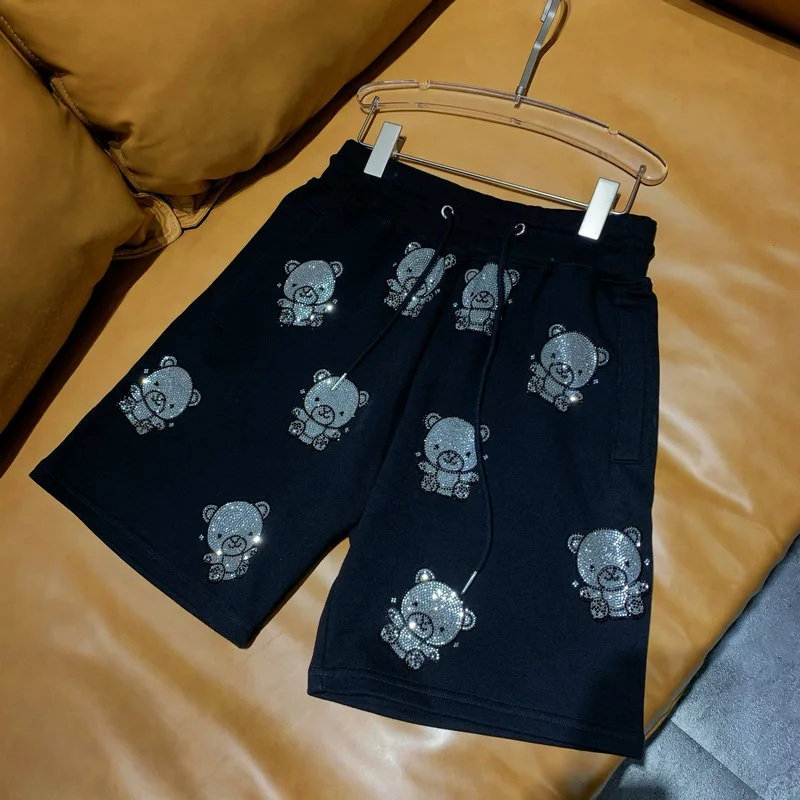 Heavy Embroidery Hot Drilling Casual Cartoon Bear Terry Cotton Half Pants Women's 2023 Summer Light Luxury Fashion Brand Shorts