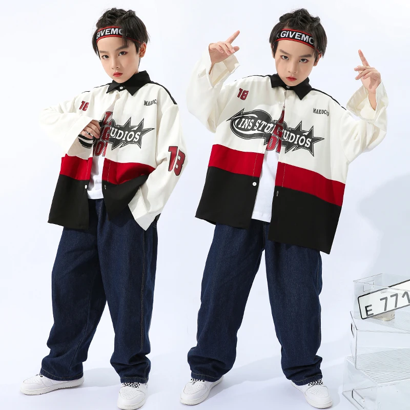 

Kids Teen Concert Outfit Hip Hop Clothing White Motocycle Coat Shirt Tops Denim Pants For Girl Boy Dance Costume Show Clothes