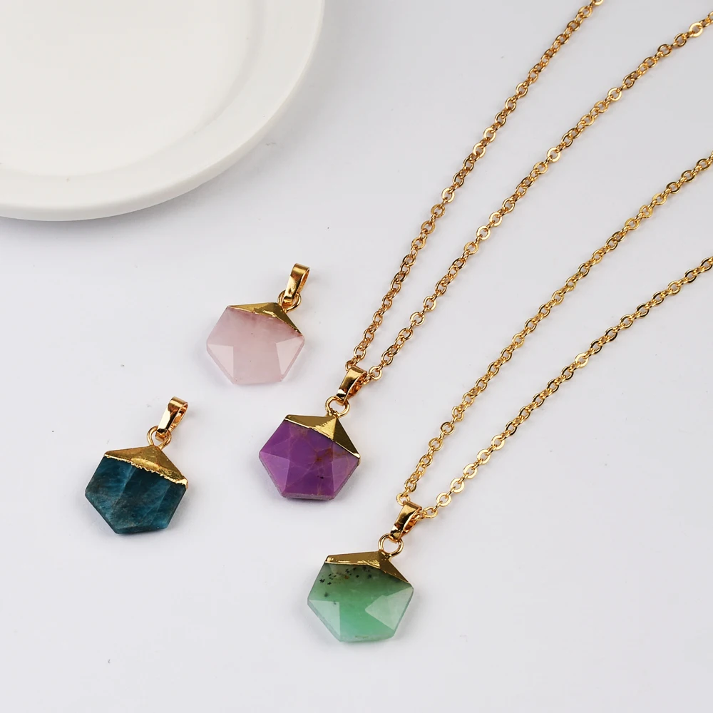 

BOROSA Hexagon Gemstone Pendant Necklace Sunstone Apatite Birthstone Jewelry Necklace ,18inch Gold Necklace G2072