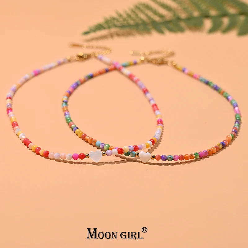 

3MM Natural Shell Beads Heart Choker Fashion Anti-tarnish Bohemian Stainless Steel Necklace for Women Jewelry MOON GIRL Design