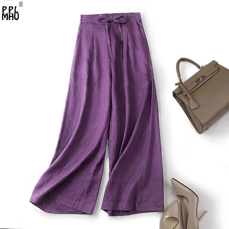 Korean Casual High Waist Khaki Capris Straight Trousers Elegant Cotton Linen Chic Oversized Streetwear Women Wide Leg Pants