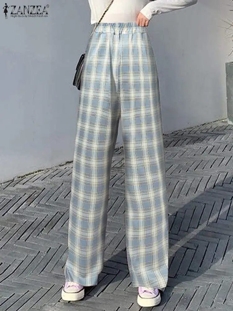 

ZANZEA Women High Waist Plaid Long Trouser Korean Fashion Checked Streetwear Pants 2023 New Casual Loose Pockets Female Pantalon