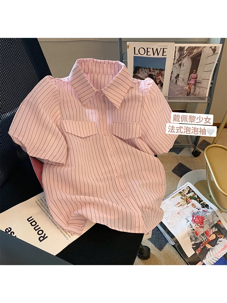 

Женская рубашка с отложным воротником и пышными рукавами, модная классическая полосатая блузка в стиле ретро, Женская винтажная однобортная одежда, новинка 2023