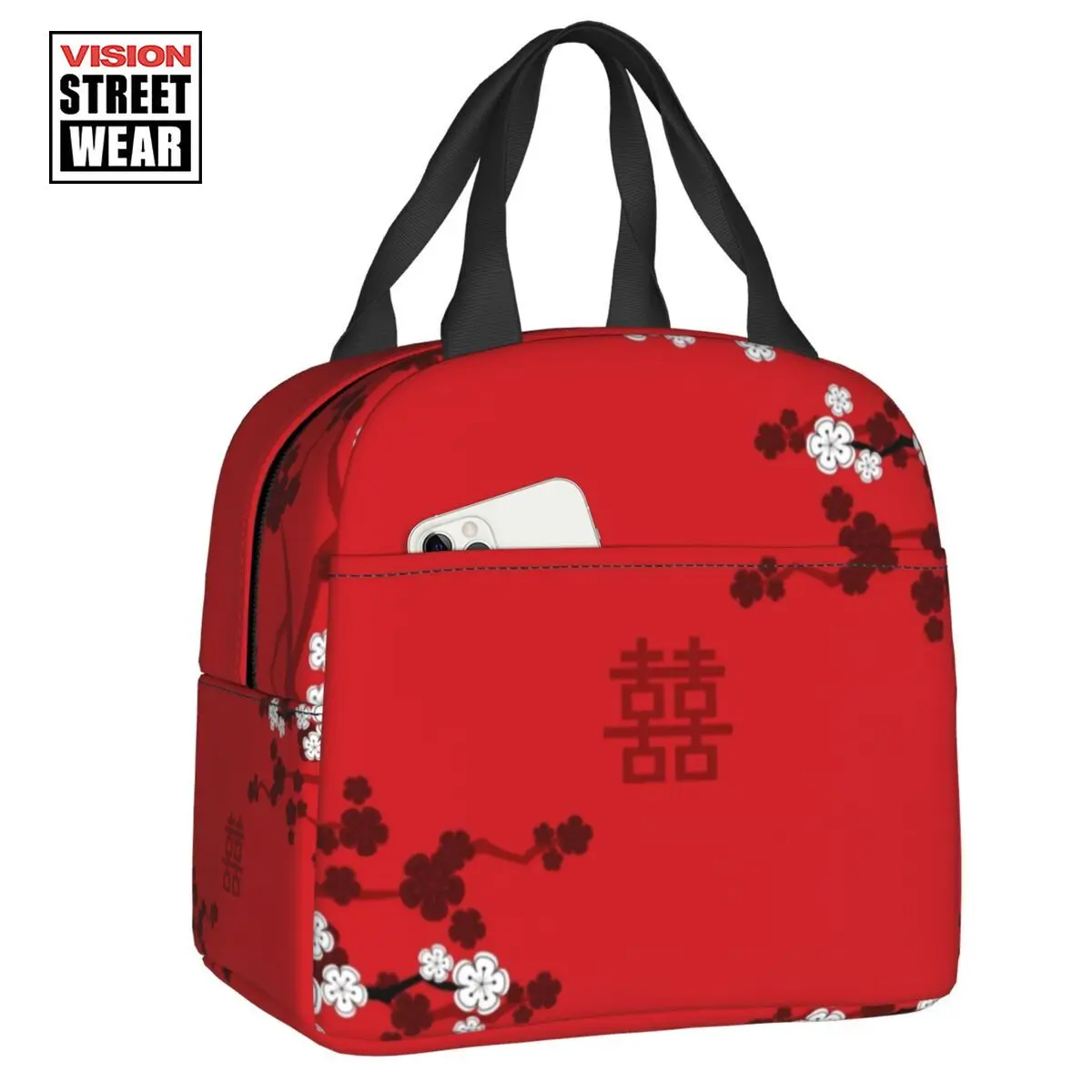 

2023 New Oriental Cherry Blossoms Chinese Wedding Double Happiness Lunch Bag Cooler Warm Insulated Lunch Box For Student School