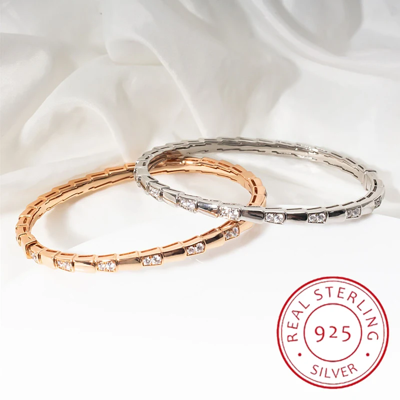 

European high grade jewelry 925 sterling silver zircon snake bone bracelet lady temperament light luxury fashion brand