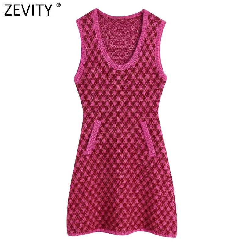 

ZEVITY Women Vintage O Neck Houndstooth Plaid Print Knitting Mini Dress Female Sleeveless Side Pocket Vest Vestidos Mujer DS9303