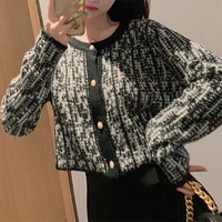vintage tweed plaid single breasted short cardigan women sweaters autumn winter long sleeve o neck knitted female sweater korean