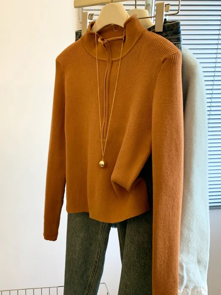 Корейская серия шикарная вязаная рубашка цвета хаки с воротником-стойкой для