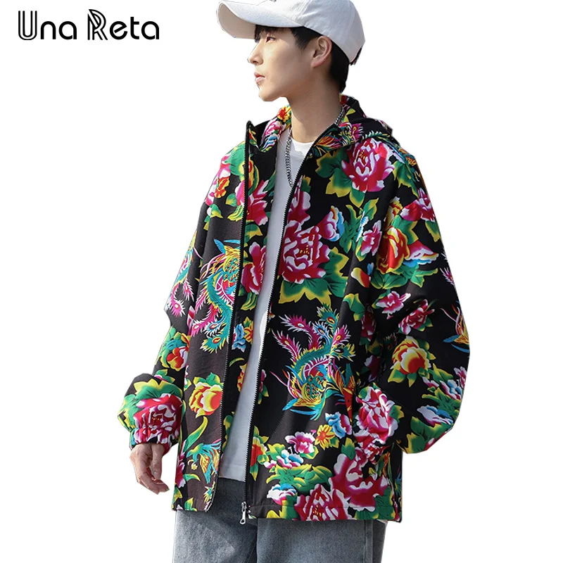

Una Reta Men Streetwear Casual Tracksuit Coat Harajuku Spring New Hip Hop Features Large Flower Prints Couple Hooded Jacket