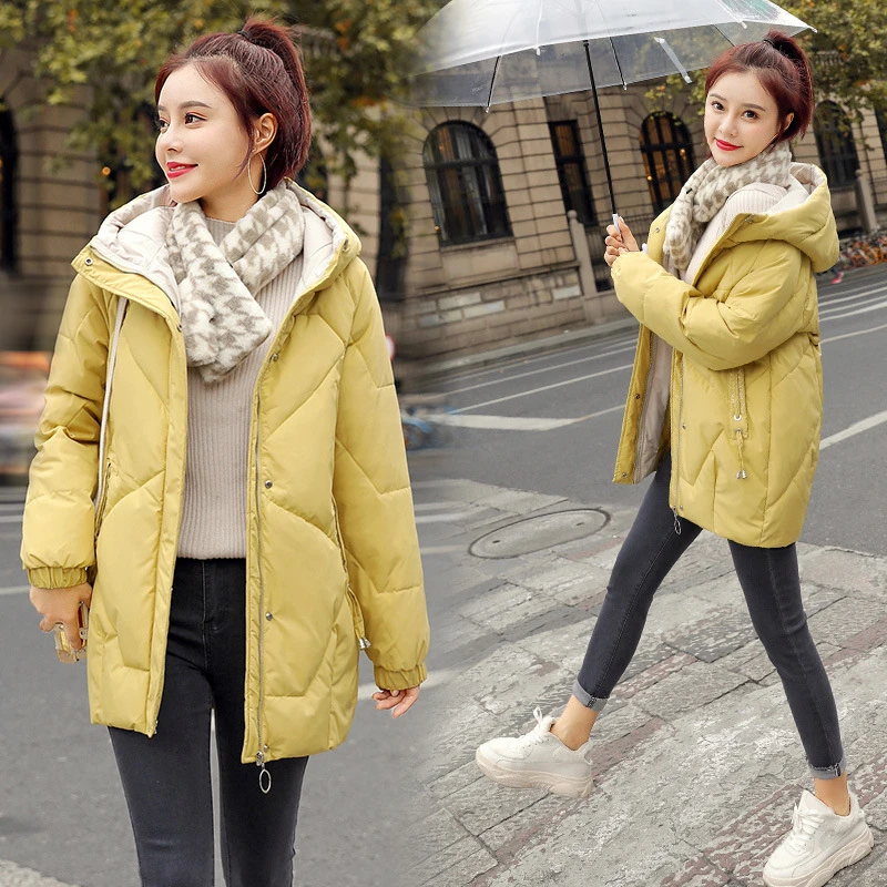 Women Mid-length Winter Bread Clothes New Thick Warm Cotton Letter Print Jackets Loose Hooded Padded Overcoat Parkas Casual Coat