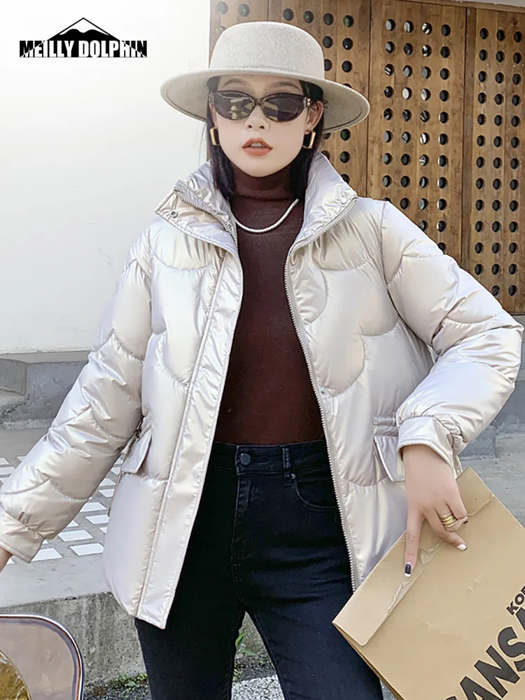 2022 Short Women Winter Jacket Stand Collar Bright Shiny Fabric Female Coat Padded Parkas Solid Winter Clothes Women