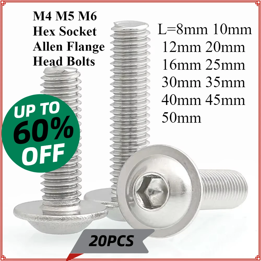 

20 шт. M4 M5 M6 Винты с шестигранной головкой и шестигранной головкой Болты с круглой головкой и фланцем из нержавеющей стали 304 Винт ISO738 L = 8-50 мм 12 16 20 25 мм