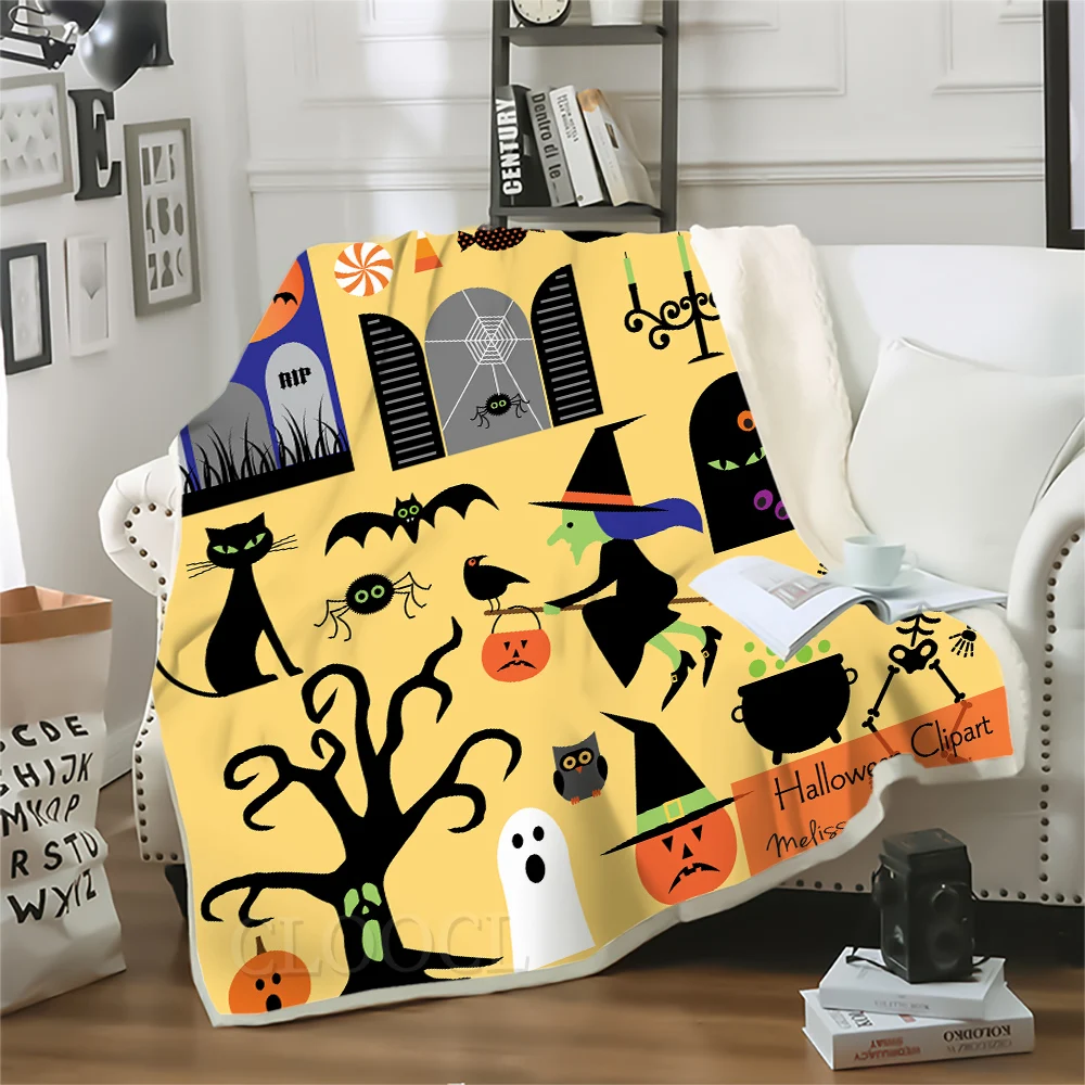 

CLOOCL Halloween Blankets Napping Blanket Party Black Cat Tree Demon Witch Spider Magic Potion Ghost Print Blankets Winter