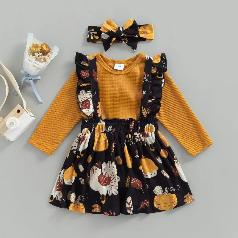 

New Born Baby Girl Clothes Thanksgiving Long Sleeve Bodysuit Suspender Skirt Hairband Turkey Print Ruffle Holiday Clothing Fall