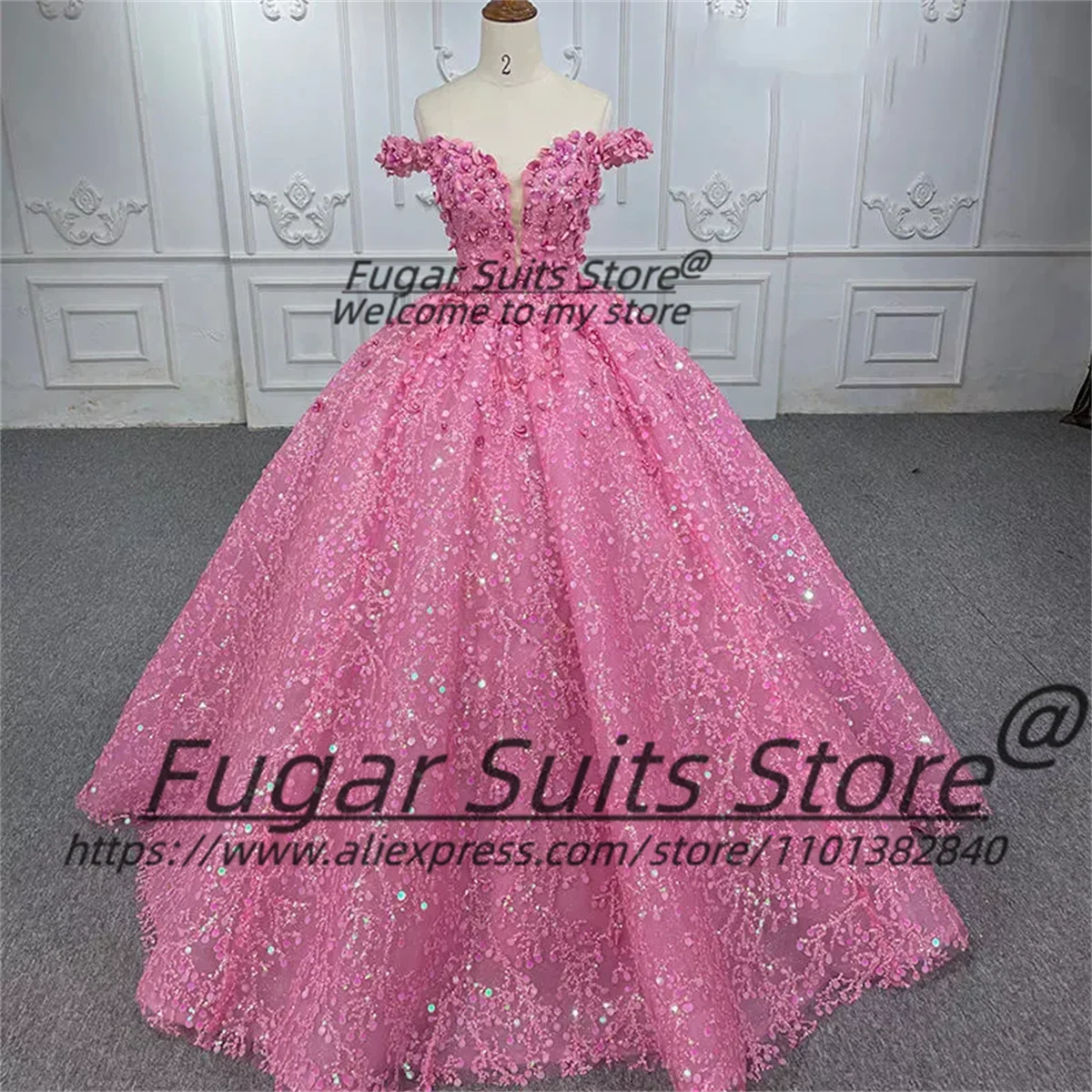 Фото Розовое платье принцессы с открытыми плечами Quinceanera, расшитое бисером, бальное платье на день рождения, Vestidos De Novia, милое вечернее платье с аппликацией 15–16 лет №1