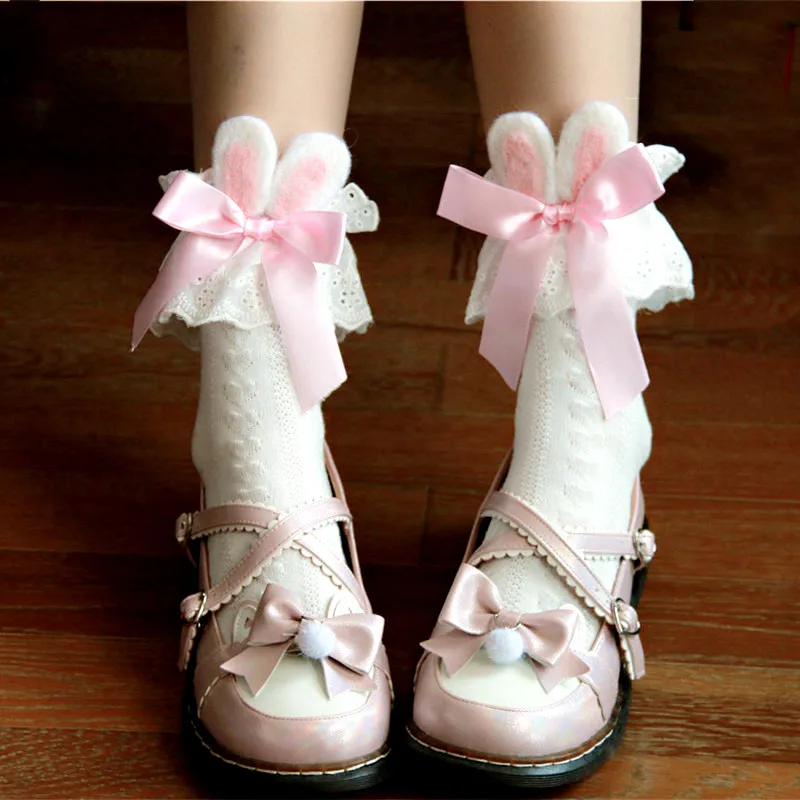 

1Pair Kawaii Japan Rabbit Ear Socks Mid-calf Length Wool Felt Lolita Female Cotton Socks Lace Bowknot Ribbon Cute Girl Socks