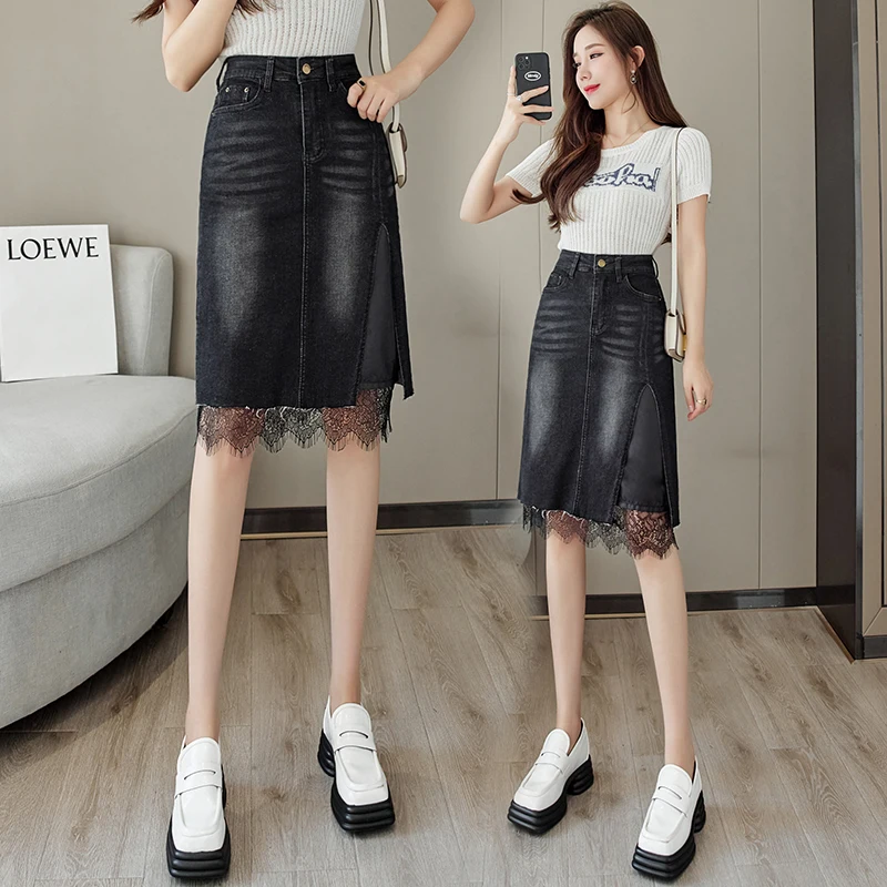 

COIGARSAM Women Skirt Spring 2022 New Patchwork High Waist Straight Black Skirts Dropshipping