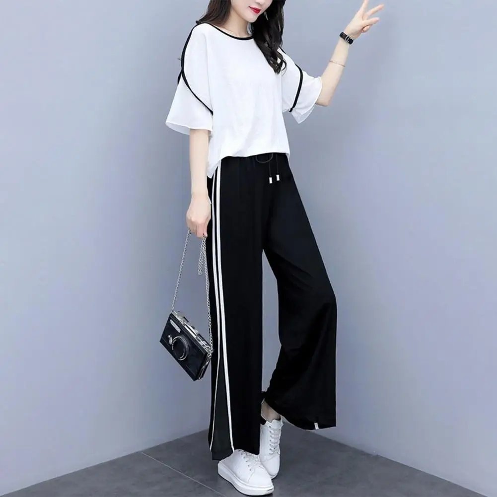 

Fashion Loose Outfit O-Neck Full Length Side Lines Patchwork T-shirt Long Trousers Set Thin Top Pants Set Streetwear