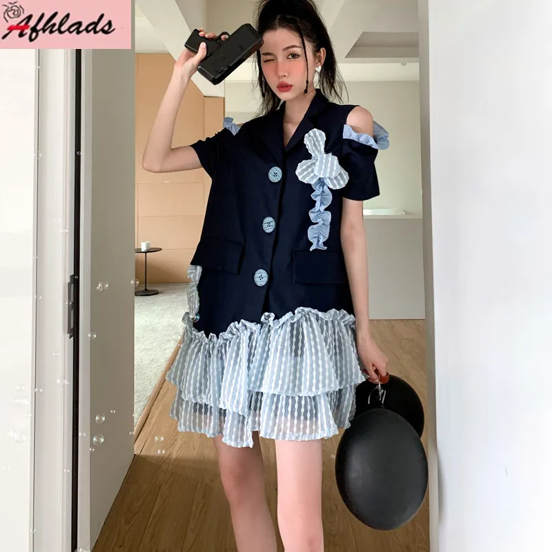 

Short Sleeve Off Shoulder Notched Collar Dot Mesh Patchwork Women Dress Summer New Design Irregular Loose Office Lady Vestidos