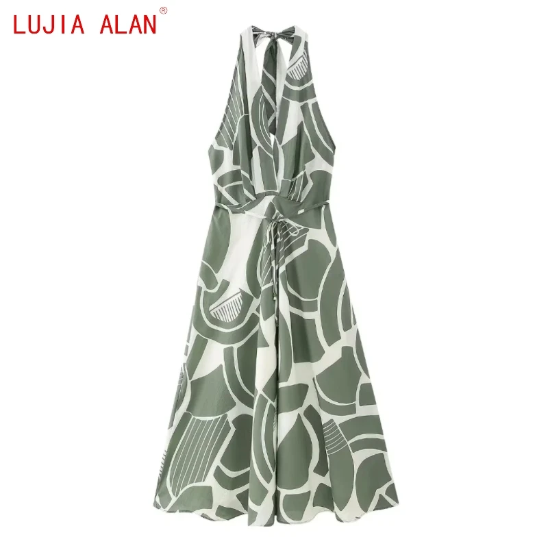 

Autumn New Women's Patchwork Printed Halter Midi Dress Female Casual Sexy Backless Side Zipper Loose Vestidos LUJIA ALAN WD3193