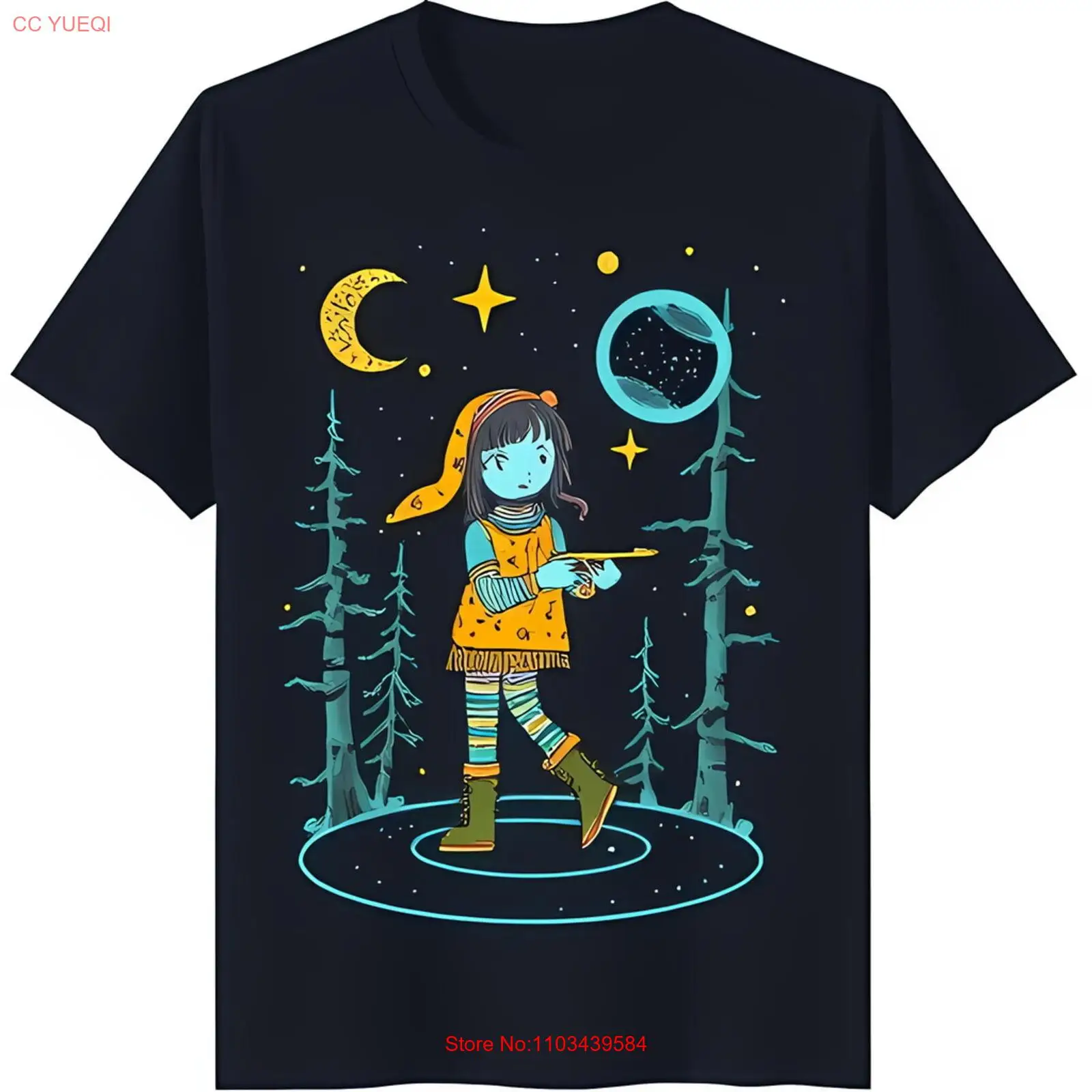 Очаровательная синяя скированная девушка с рисунком на черной футболке лесным