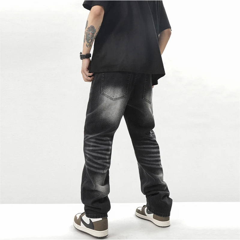 Men's Trend Hip Hop Street Retro Black Washed Jeans American High Street Stacked Pants Fashion Street Men Ins Hot Selling Denim