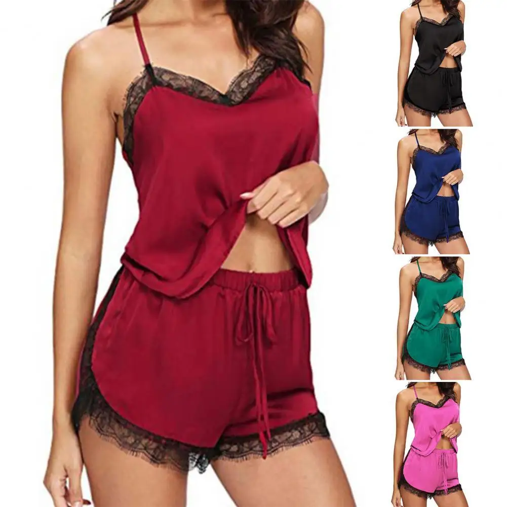 

2 Pcs/Set Women's Pajamas Sleepwear Lady Sexy Lingeries Solid Color Lace Patchwork V Neck Lady Night Clothes for Home Wear