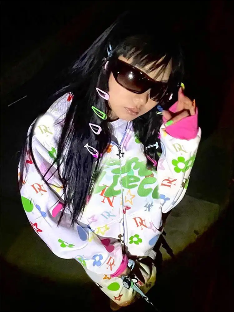 

WLWXR осенний свободный уличный белый комплект из двух предметов женские просторные брюки на молнии с капюшоном и принтом в виде звезд женски...