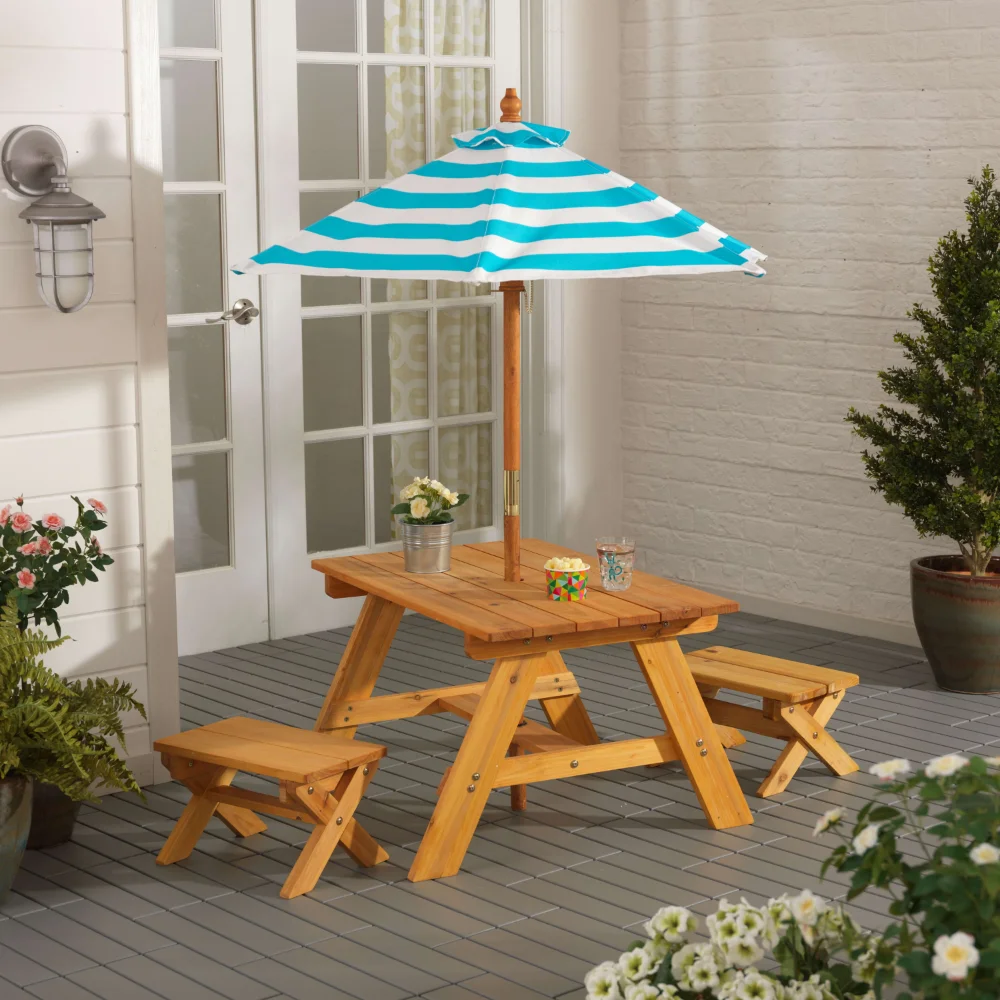 

Outdoor Wooden Table & Bench Set, Striped Umbrella, Turquoise and White