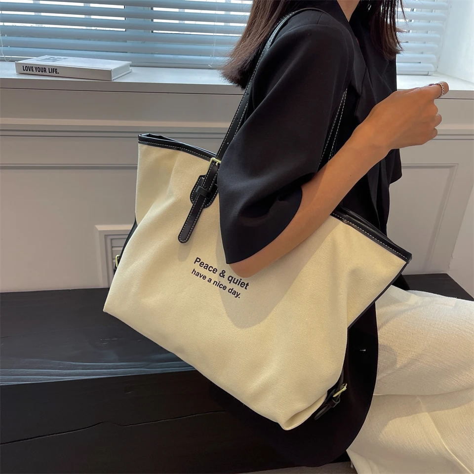 Solid White Canvas Totes For Women Large Capacity Shoulder Bags Classic Elegant Cotton Casual Bags Cute Soft Winter Packages