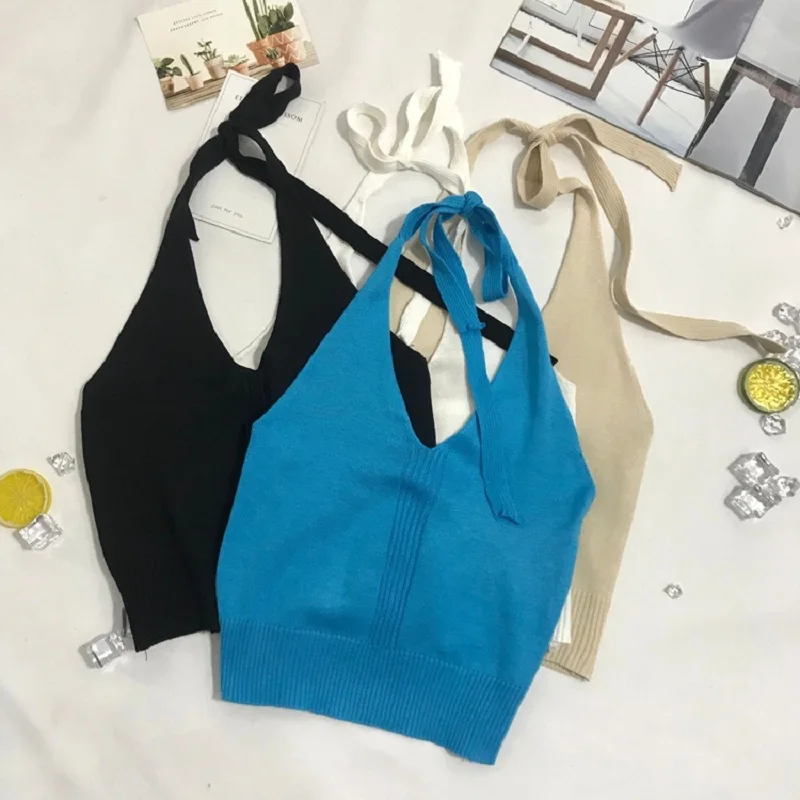 

White Black Halter Sexy Backless Tank Tops for Women Streetwear 2022 Sleeveless Ribbed Knit Vest Female Tube Top