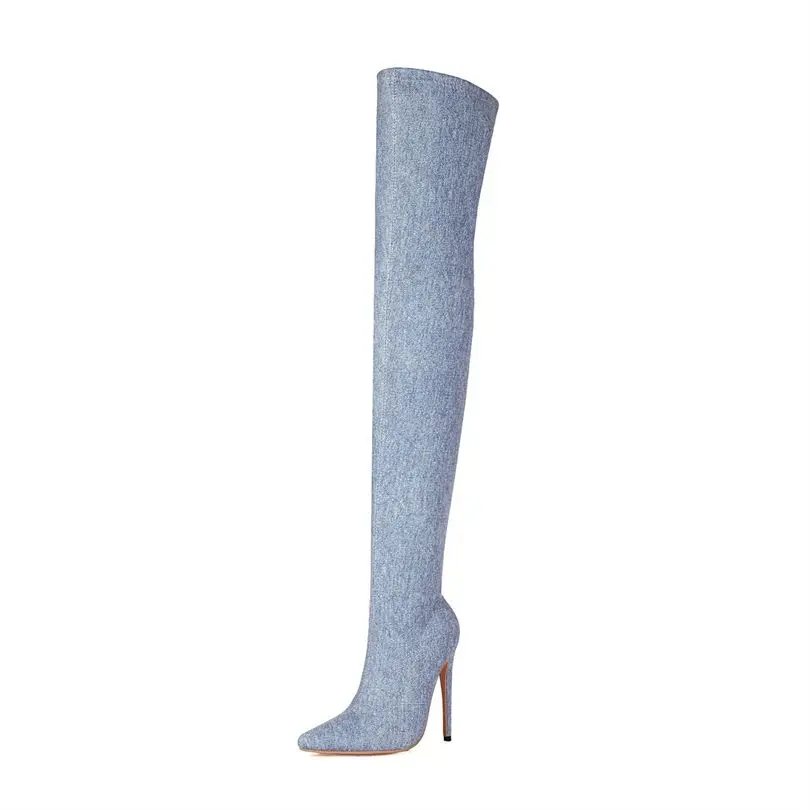 

Женские джинсовые сапоги выше колена, привлекательные зимние праздничные сапоги на тонком высоком каблуке, размер 46, с острым носком, Прямая поставка, 2023
