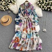 chic floral lantern sleeve shirt dress for women spring autumn streetwear holiday single breasted dress lady maxi vestido