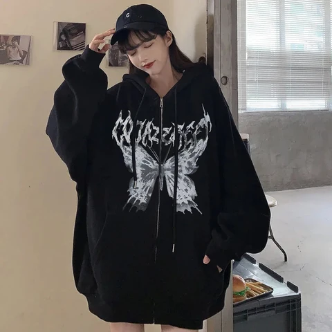 Women Butterfly Print Hoodies Autumn Winter Harajuku Y2k Gothic Punk Zip Up Jacket Coats Female Hip Hop Loose Hooded Sweatshirts