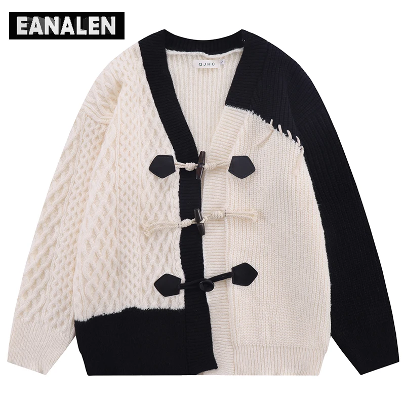 

Harajuku retro color matching knitted sweater coat men's jumper large profile button cardigan thick sweater grandpa ugly sweater