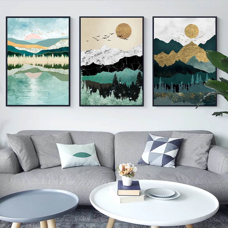

Canvas Painting Golden Moon Posters and Prints Geometric Mountain Wall Art Decorative Pictures for Living Room Aisle Home Decor