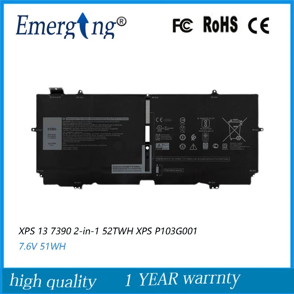 

7,6 В 51Wh новый оригинальный 52TWH Аккумулятор для ноутбука Dell XPS 13 7390 2-в-1 XPS P103G001