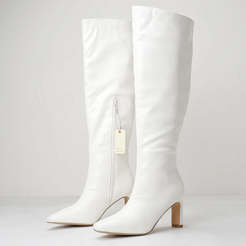 

Spring New Brand Designer Over-the-knee Boots for Women White Pointed Toe Super High Heels Elastic Leather Knee High Boots
