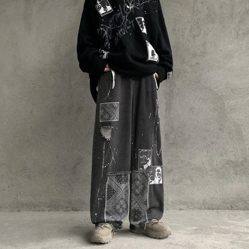 DEEPTOWN Patchwork Graffiti Jeans Men Black Denim Gothic Pants Hip Hop Punk Straight Trousers Male Loose Fashion Casual Spring