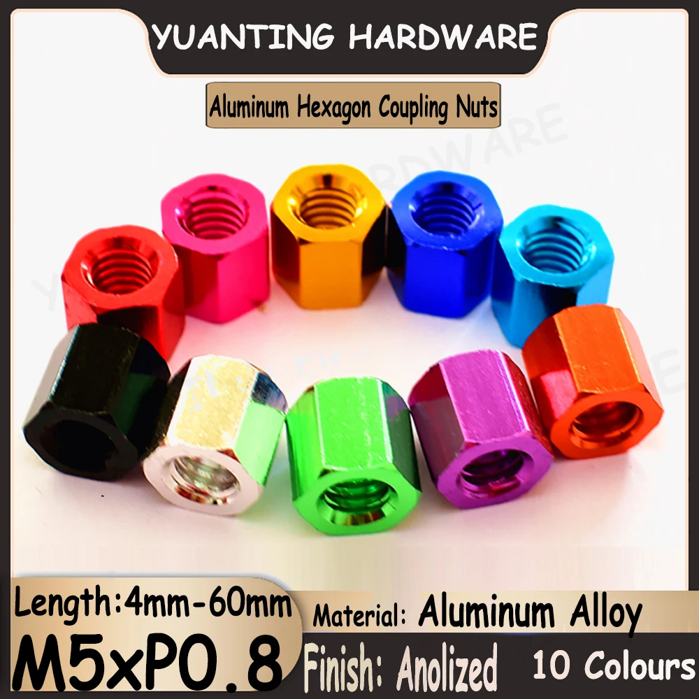 

2Pcs-5Pcs M5 Colorful Aluminum Extended Lengthen Hexagon Coupling Nut Connector Joint Sleeve Nut with Coarse Thread 10 Colors