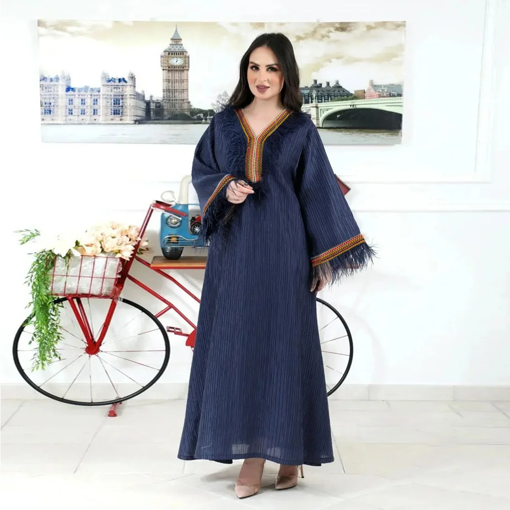

Muslim Women's Gown Party Style Elegant Style Characteristic Ribbon Feather Pleated Dress Abaya Dubai Muslim Robe